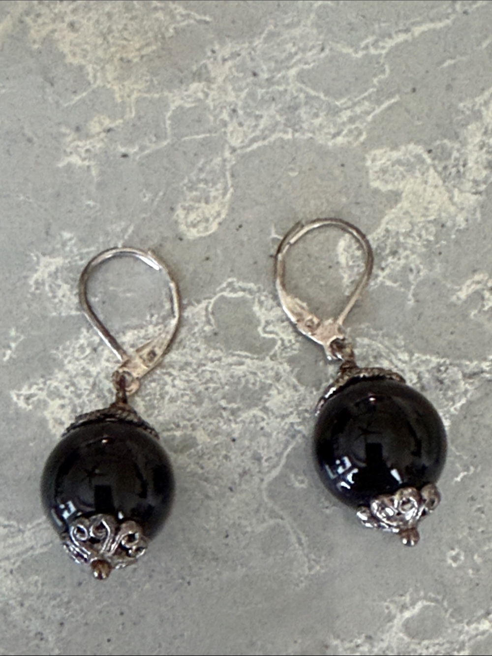 Elegant Black onyx Bead Drop Earrings Sterling Silver French lever hook